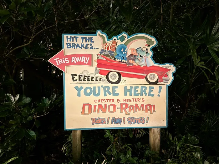 A sign for the now extinct Chester & Hester's Dinorama area.
