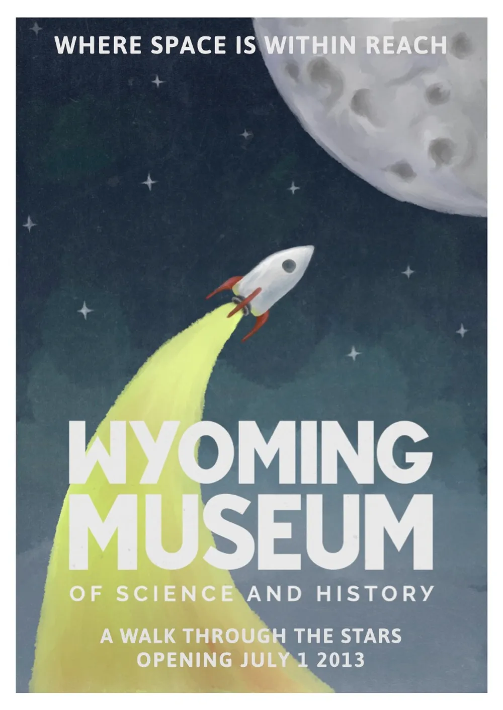 Illustration of a rocket reaching the moon at the end of a trail of flames