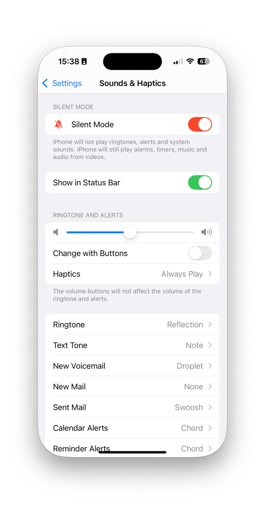 screenshot of an iPhone Sound & Haptics setting page