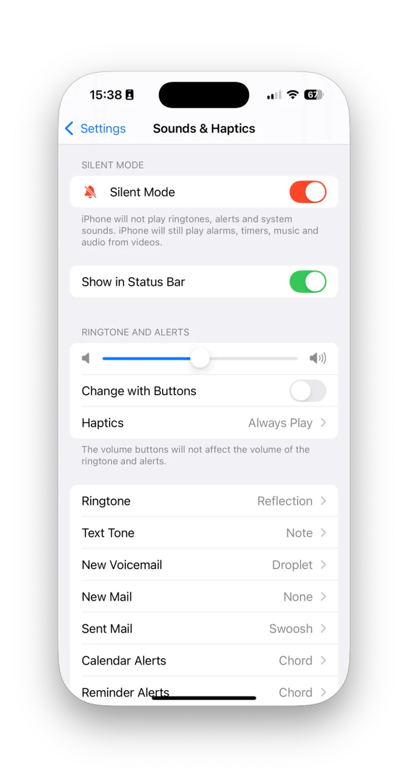 screenshot of an iPhone Sound & Haptics setting page