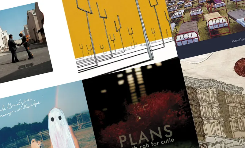 Album covers arranged in a grid, from left to right Pink Floyd - Wish You Were Here, Muse - Origin Of Symmetry, Pink Floyd - A Momentary Lapse Of Reason, Phoebe Bridgers - A Stranger In The Alps, Death Cab For Cutie - Plans & Bright Eyes - I'm Wide Awake It's Morning