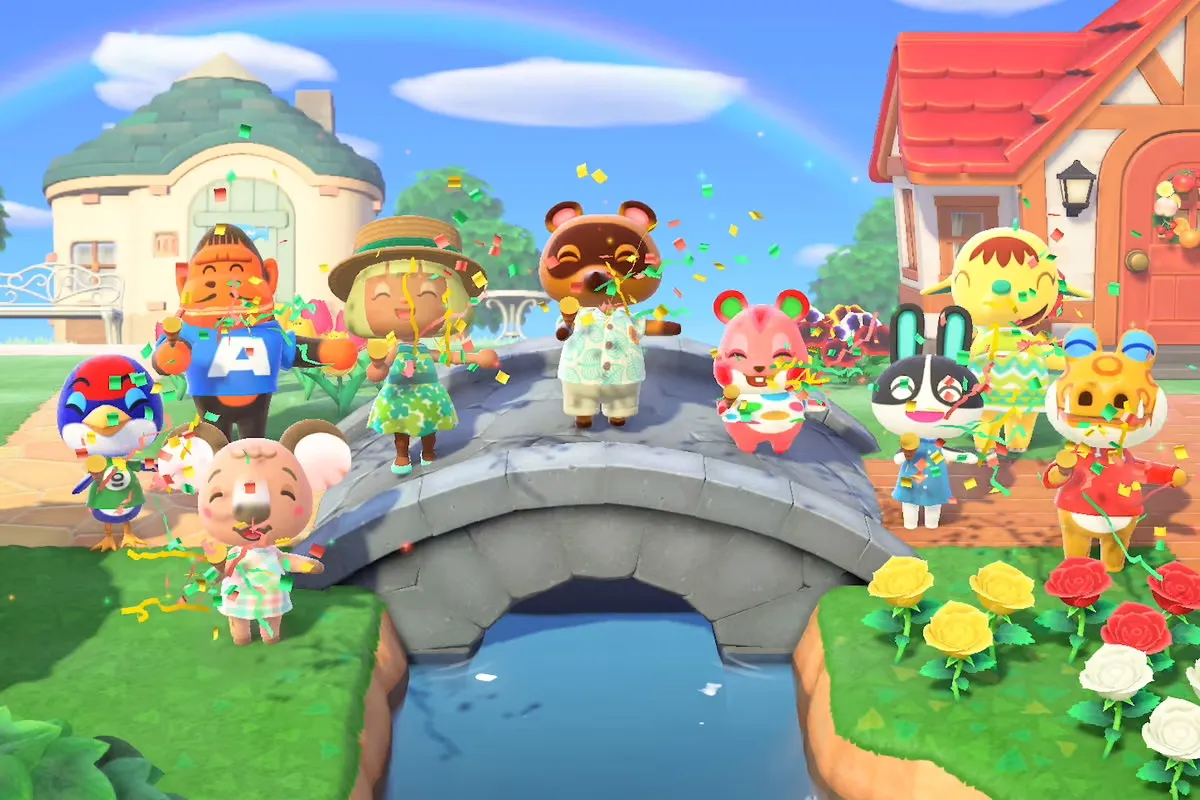 Animal Crossing characters celebrating on a bridge